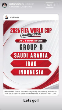 Insta Story Justin Hubner terkait hasil drawing Timnas Indonesia di round 4 Kualifikasi Piala Dunia 2026 Zona Asia. [Instagram]